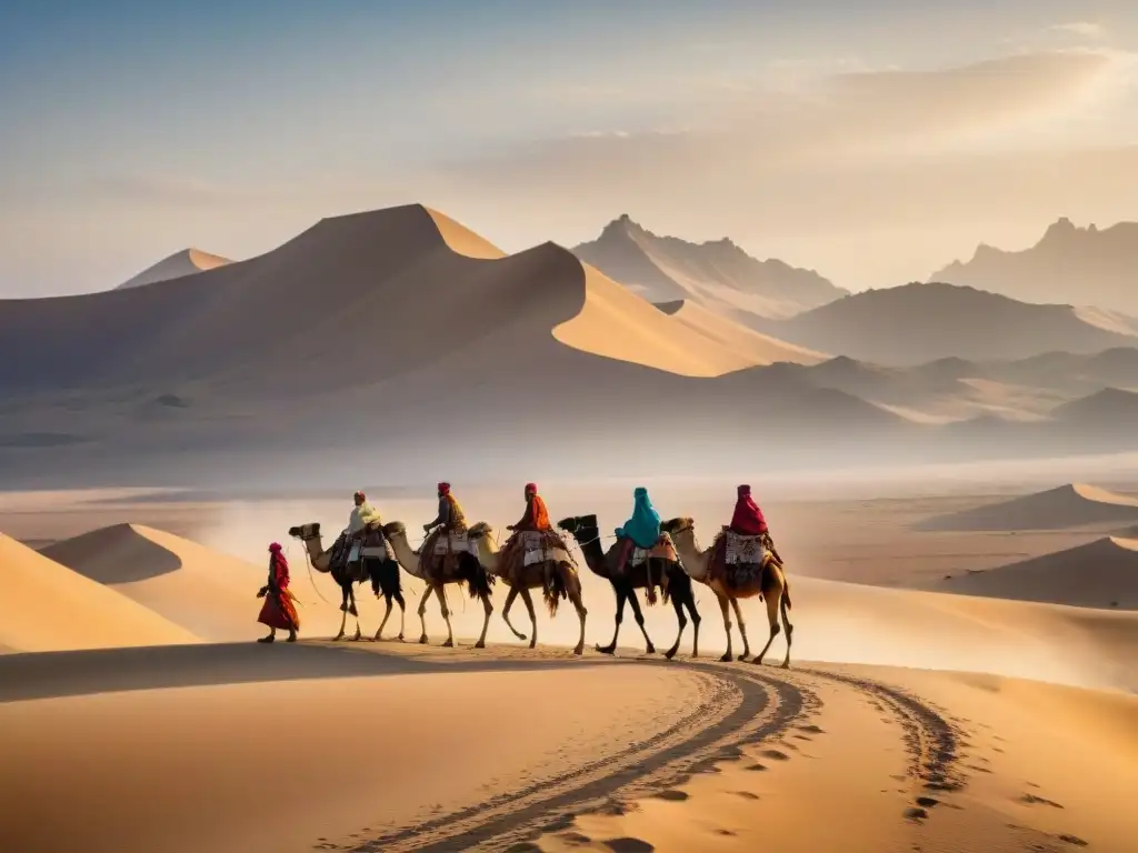 Caravana de tribus nómadas cruzando un desierto bajo el sol, con sus trajes tradicionales vibrantes