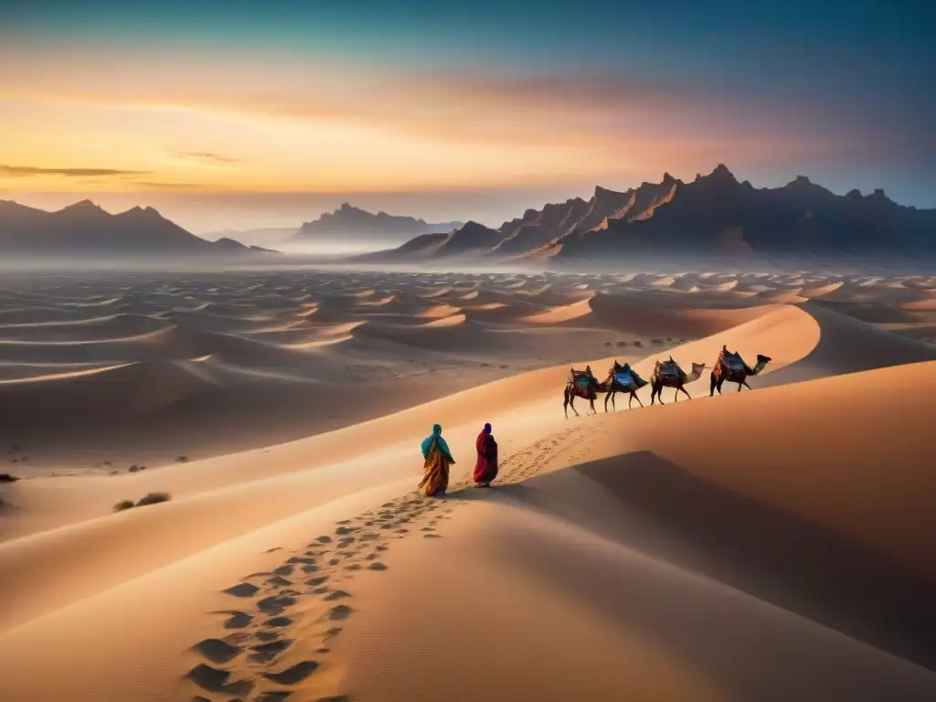 Caravana de tribus nómadas en desierto, conservando cultura ancestral bajo cielo estrellado