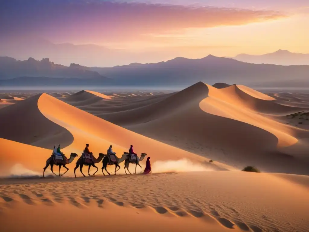 Caravana de tribus nómadas en un desierto al atardecer, con ruinas de civilización antigua al fondo