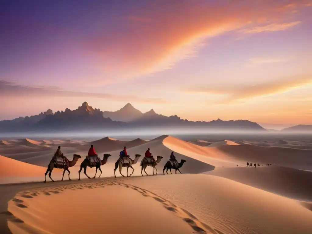 Caravana de tribus nómadas en el desierto al atardecer, reflejando su historia y legado cultural