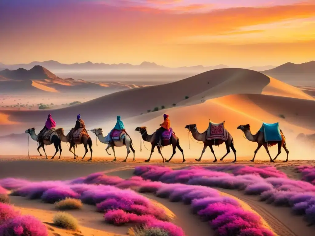 Caravana de tribus nómadas cruzando desierto al atardecer, con tiendas y camellos