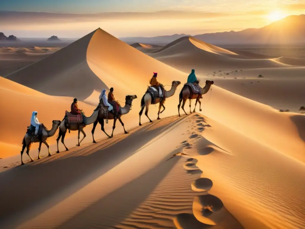 Caravana de tribus nómadas cruzando desierto al atardecer, preparación inmersión cultural