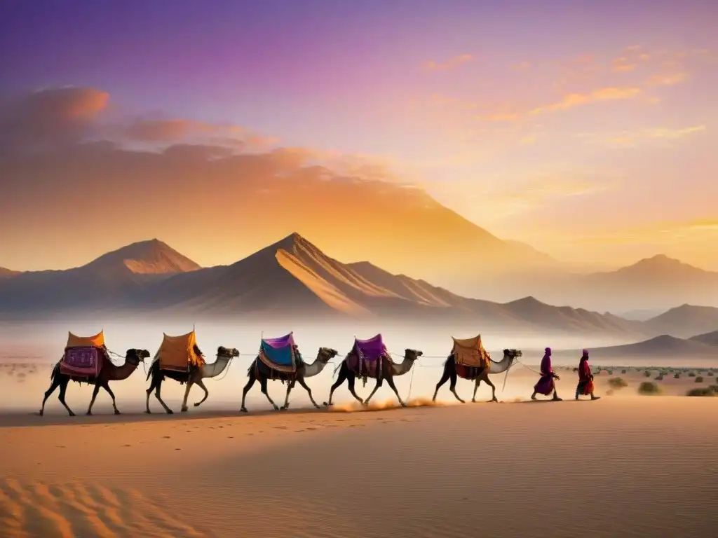 Caravana de tribus nómadas cruzando un desierto al atardecer, resaltando la historia de las tribus nómadas