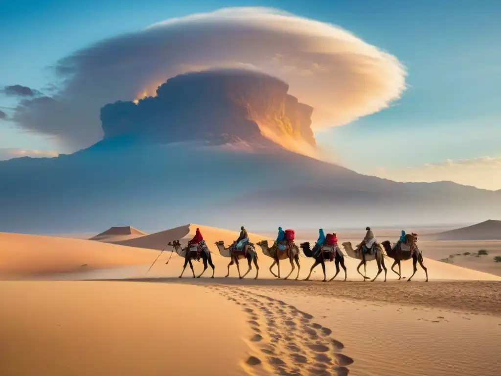 Caravana de tribus nómadas cruzando un desierto dorado bajo el sol, reflejando historias de cooperación y conflicto en la antigüedad