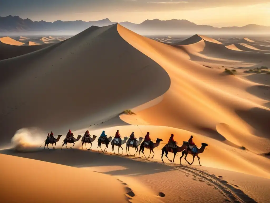 Caravana de tribus nómadas cruzando dunas bajo el sol, legado historia cultura