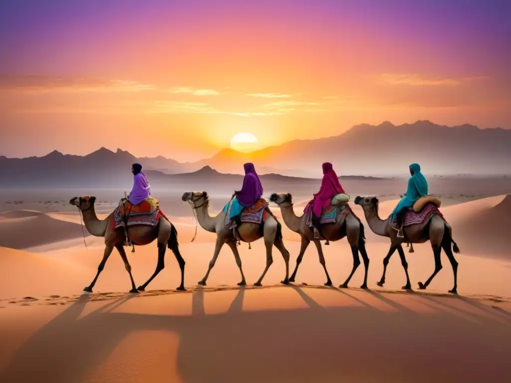 Una caravana de tribus nómadas en éxodo, liderada por un sabio anciano en un majestuoso camello blanco al atardecer en el desierto