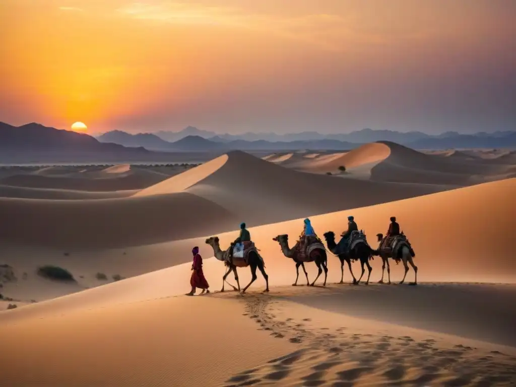 Caravana de tribus nómadas en la historia cruzando un desierto al atardecer