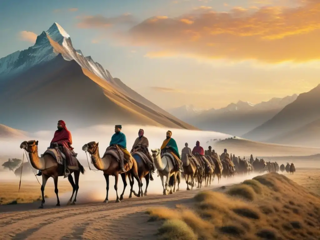 Una caravana de tribus nómadas Khan viaja por llanuras doradas al atardecer, mostrando sus costumbres ancestrales