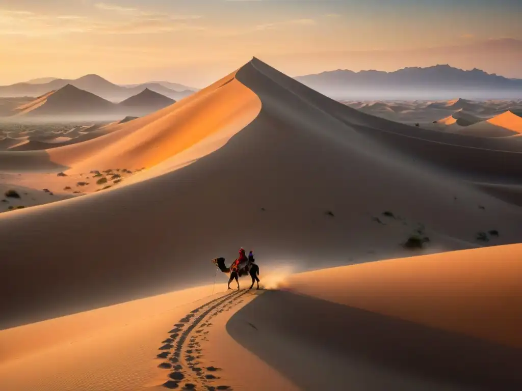 Caravana de tribus nómadas matemáticas antiguas atravesando un desierto al atardecer