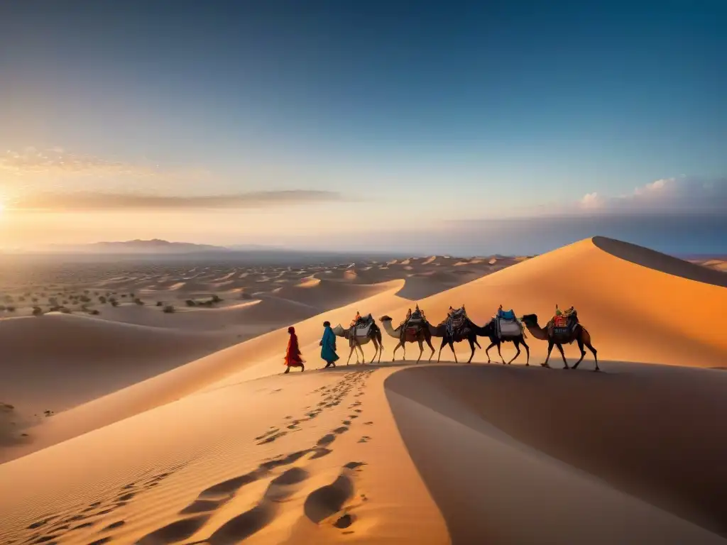 Una caravana de tribus nómadas en un paisaje desértico al atardecer, evocando la historia y cultura de un legado milenario