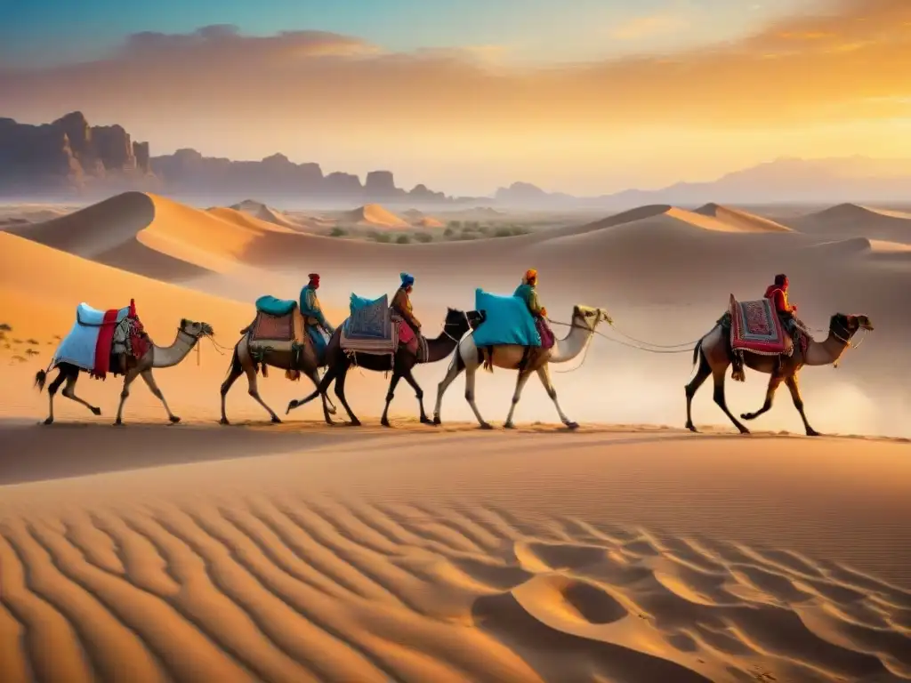 Caravana de tribus nómadas en un retiro cultural en el desierto al atardecer