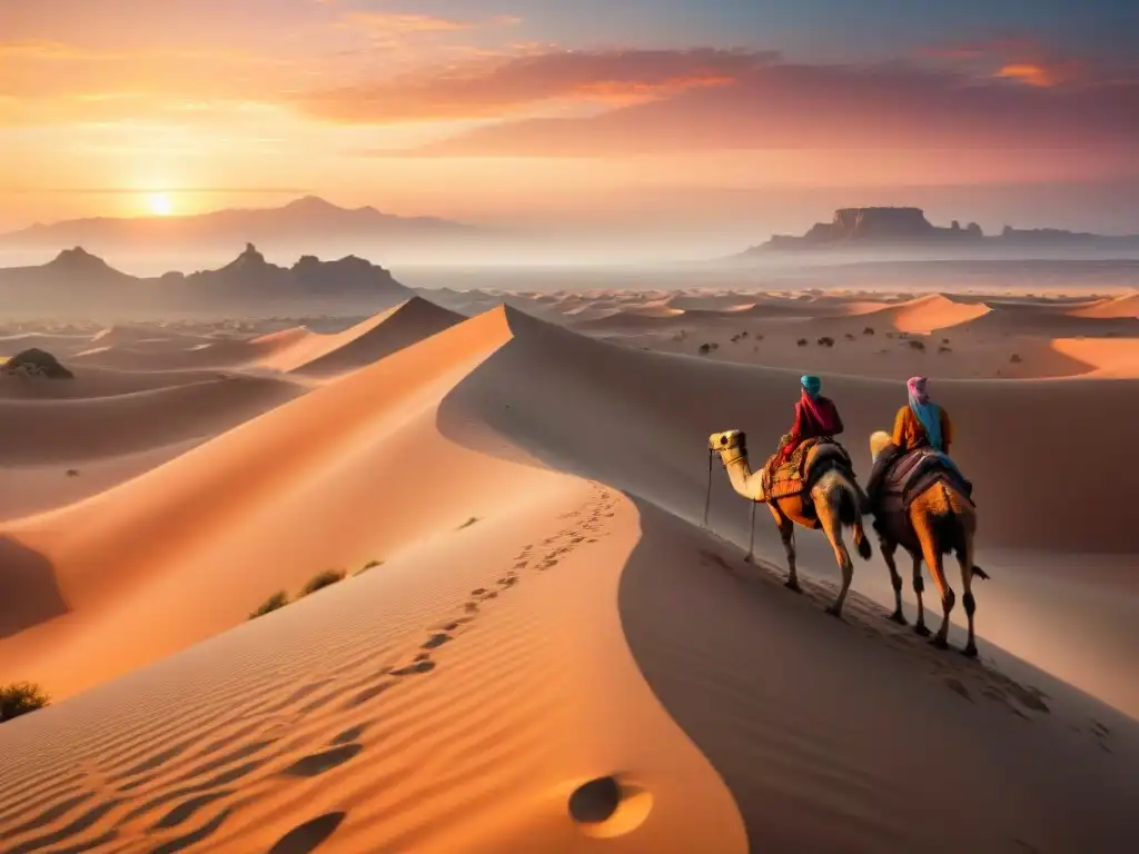 Caravana de tribus nómadas entre ruinas de grandes imperios bajo un cielo anaranjado y rosa al atardecer