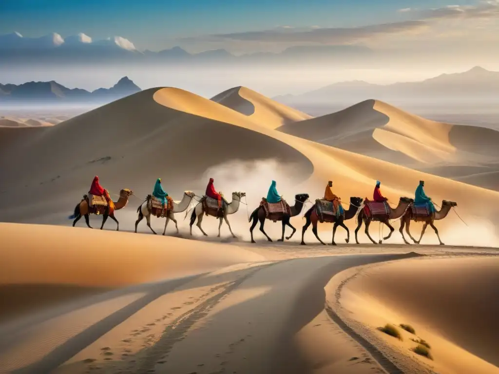 Caravana nómada en la Ruta de la Seda Caravana de tribus nómadas en la Ruta de la Seda, legado cultural en el desierto dorado
