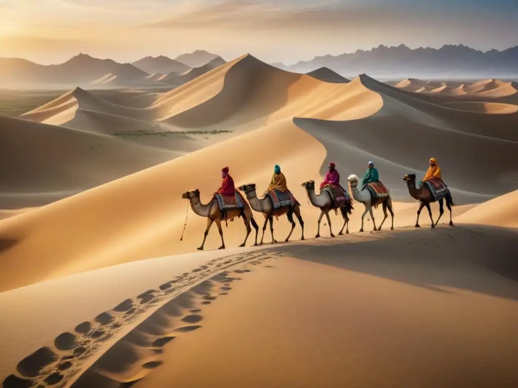 Caravana de tribus nómadas en la Ruta de la Seda, cruzando desiertos con camellos cargados de textiles y especias al atardecer