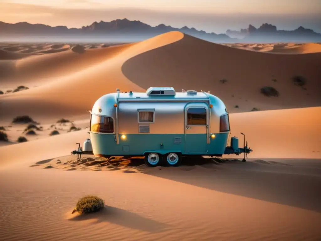 Caravana vintage en desierto con paneles solares, crea oasis sostenible