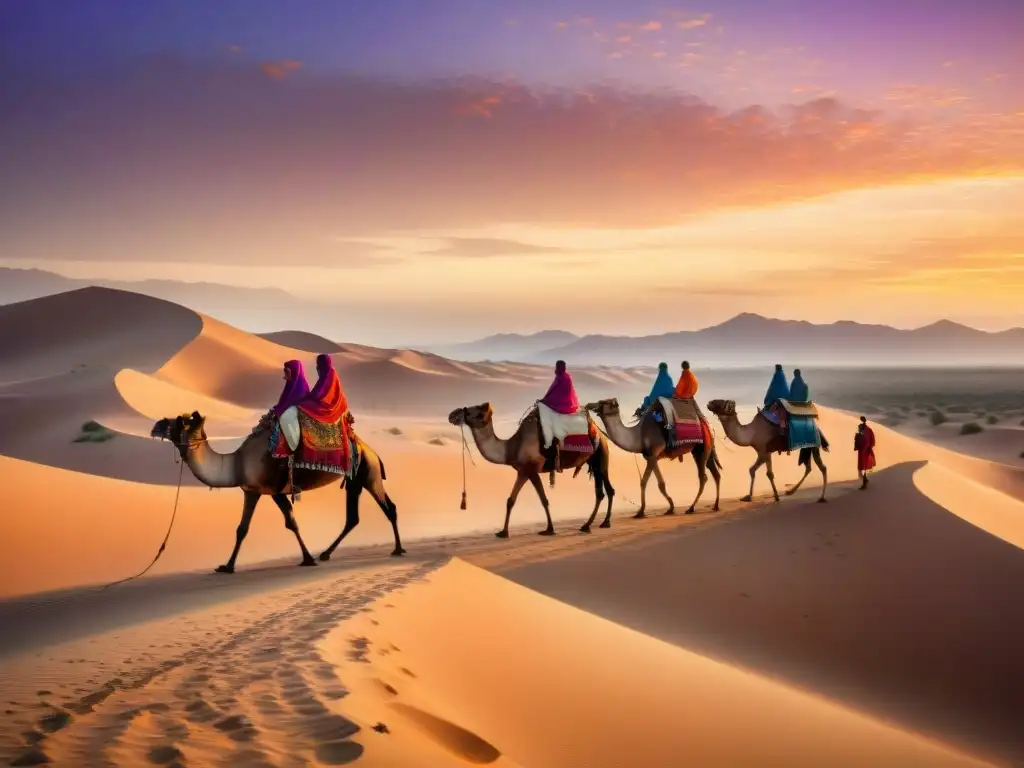 Caravanas de camellos tribus nómadas en escena desértica dorada al atardecer