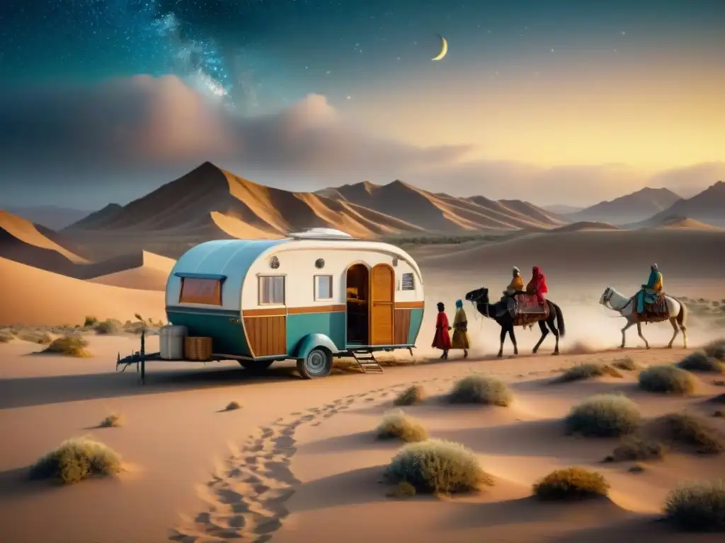 Caravanas modernas inspiradas nómadas viajan en caravana por el desierto estrellado