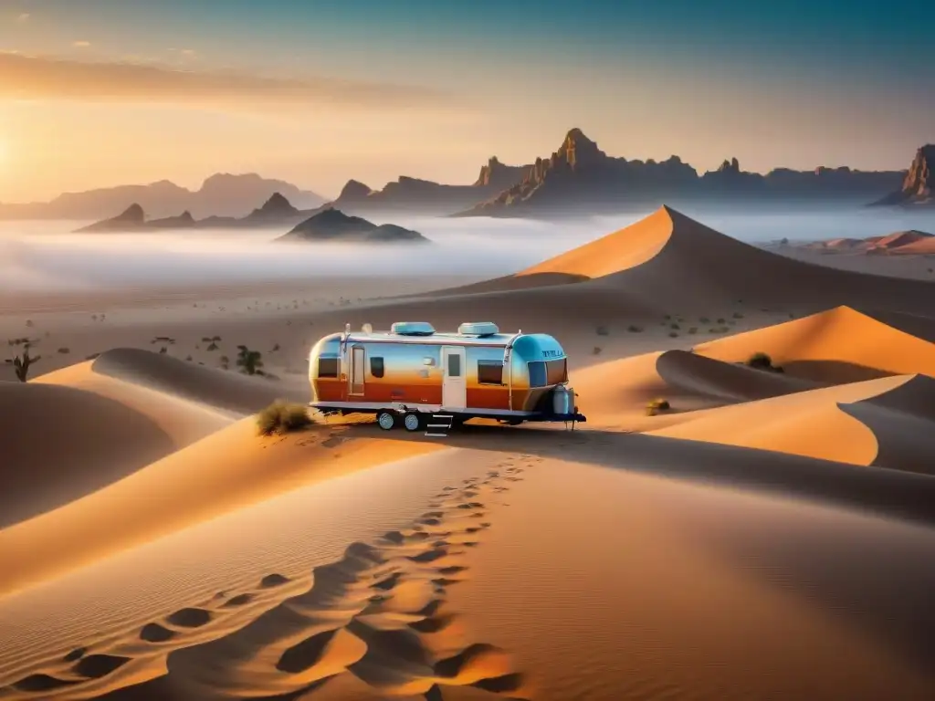 Caravanas modernas inspiradas en nómadas recorren un desierto al amanecer, reflejando aventura y riqueza cultural