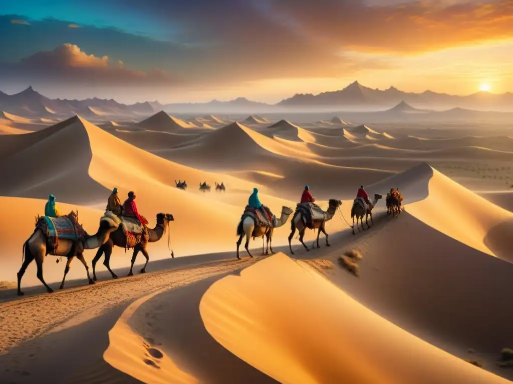 Caravanas en la Ruta de la Seda: Tribus nómadas cruzando un bullicioso desierto al atardecer