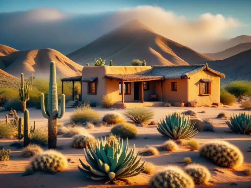 Una casa de adobe en el árido desierto al atardecer, evocando técnicas de supervivencia en zonas áridas