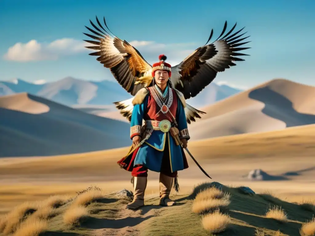 Un cazador de águilas majestuoso de Mongolia con su águila dorada en la estepa, en un vínculo histórico con la naturaleza