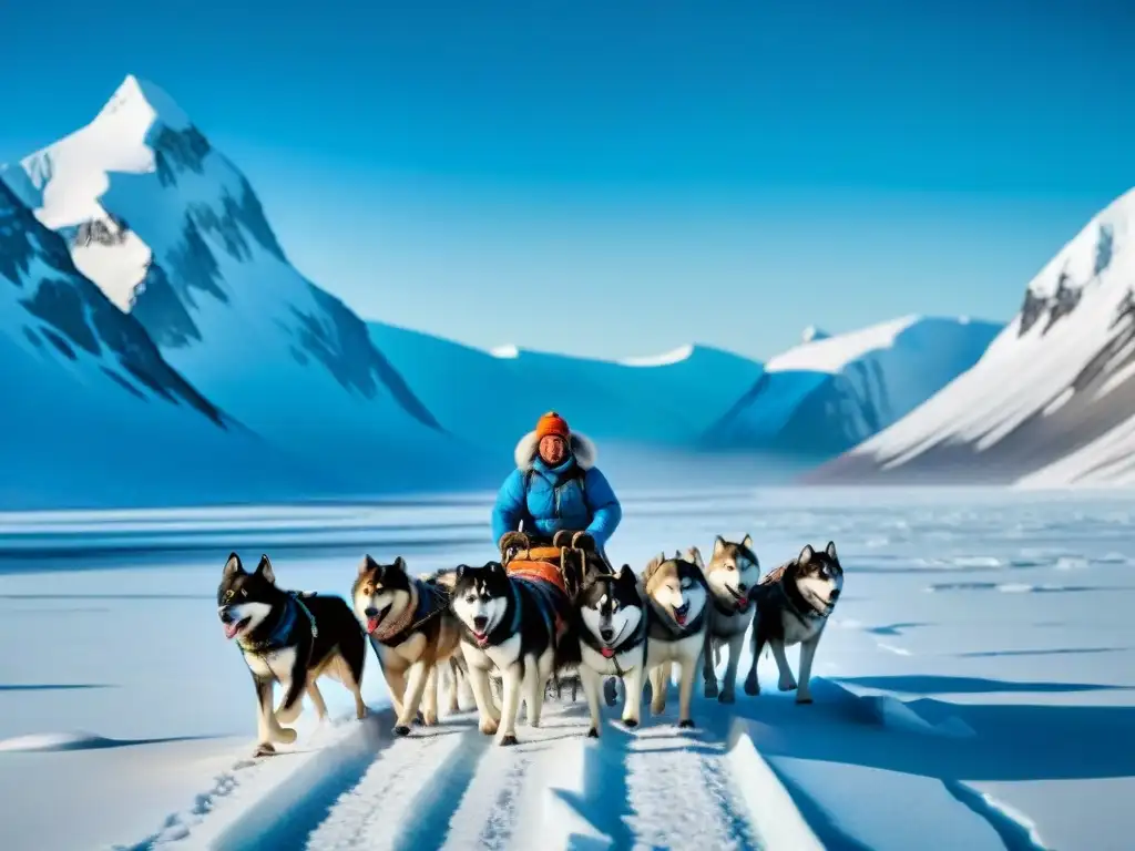 Cazadores inuit en trineos tirados por perros en un paisaje helado, mostrando la resiliencia de las culturas nómadas frente al deshielo