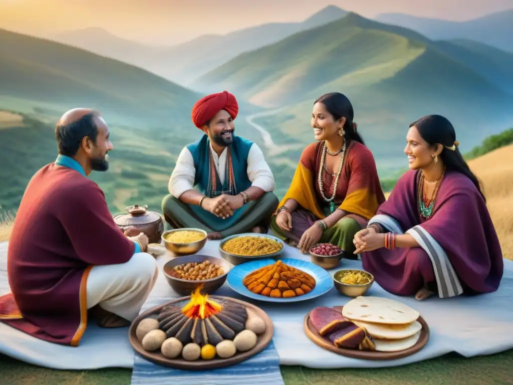 Una celebración ritual de una tribu nómada con una mesa repleta de alimentos tradicionales, rodeada de naturaleza y comunidad