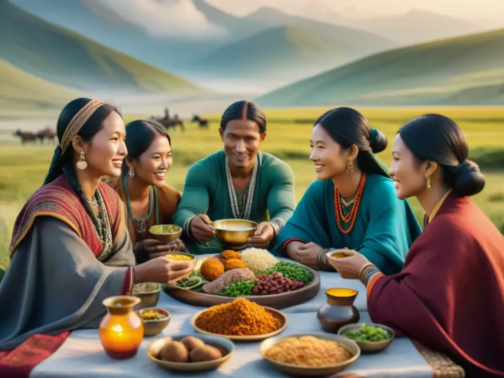 Celebraciones rituales tribus nómadas compartiendo comida en paisaje vibrante de las estepas