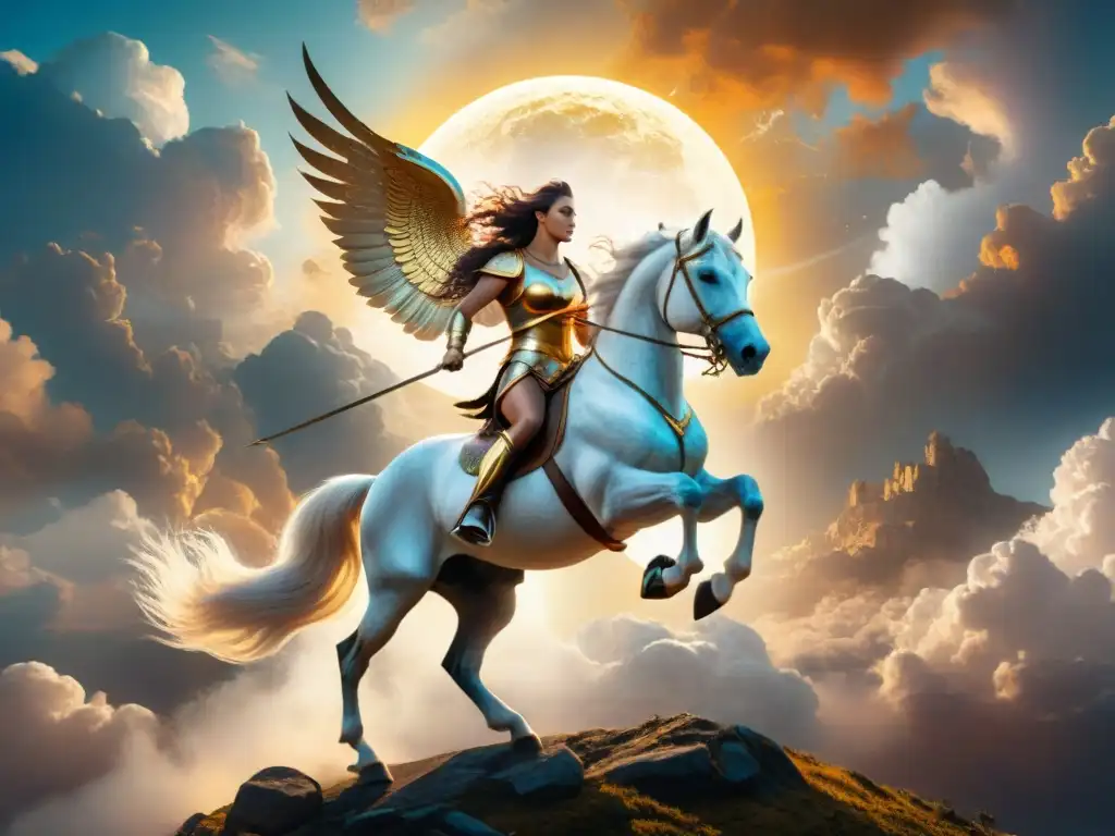 Un centauro majestuoso cabalga un Pegaso blanco en el cielo, evocando la mitología y la conexión entre seres legendarios