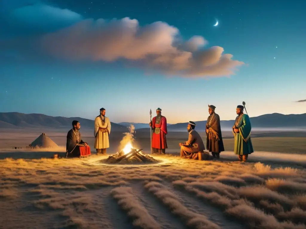 Ceremonia de entierro tradicional en tribus nómadas bajo un cielo estrellado en la estepa