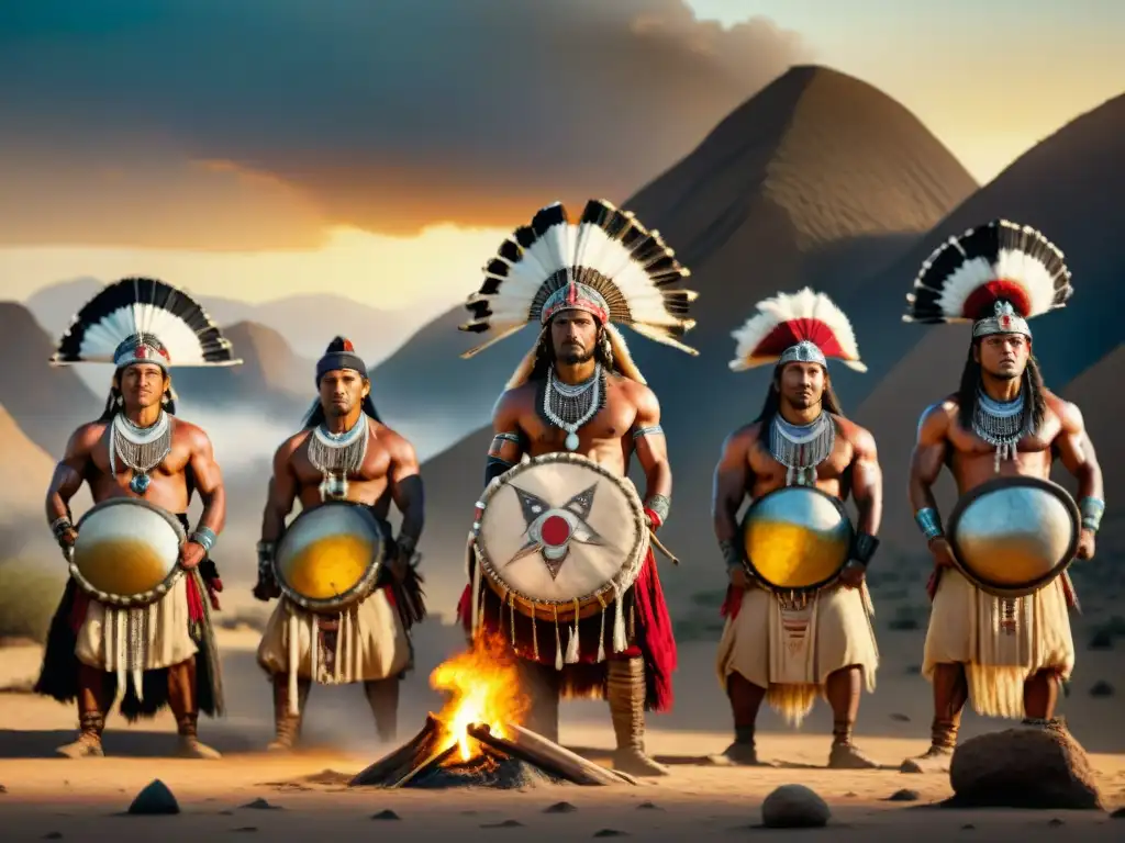 Ceremonia de guerreros nómadas con tambores de guerra en el desierto al atardecer