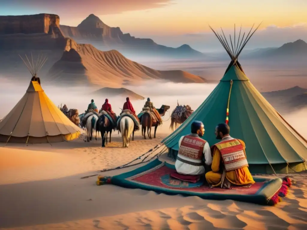 Ceremonia de matrimonio intertribal en diplomacia nómada con coloridas tiendas en el desierto al atardecer