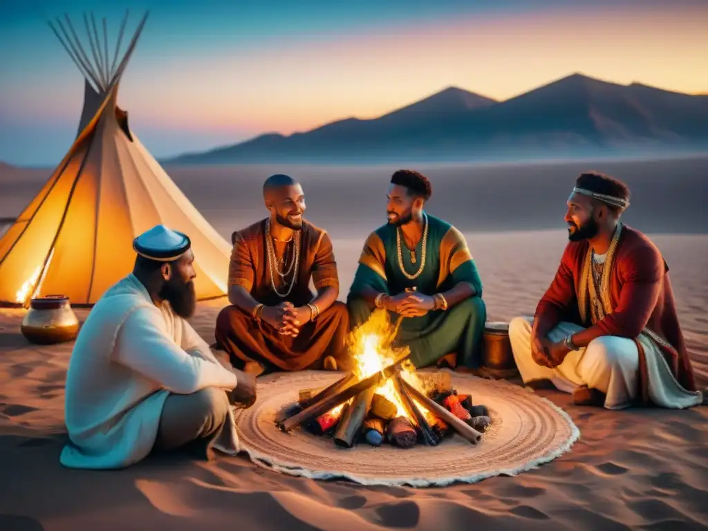 Ceremonia de matrimonio intertribal en diplomacia nómada bajo el cielo estrellado del desierto