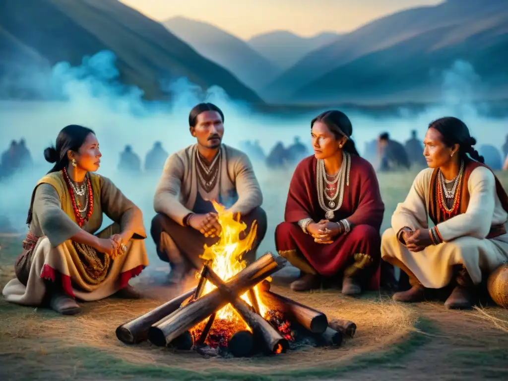 Ceremonia nocturna de tribu nómada alrededor de hoguera, simbolismo en rituales tribus nómadas