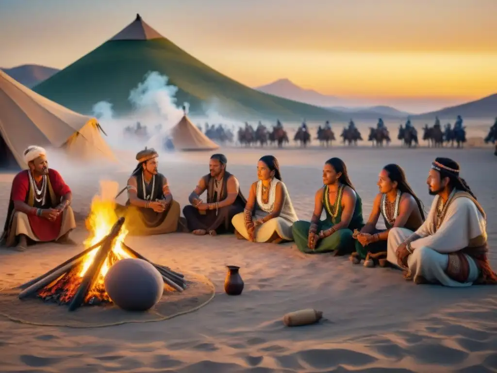 Ceremonia de nombramiento en tribu nómada alrededor del fuego en el desierto