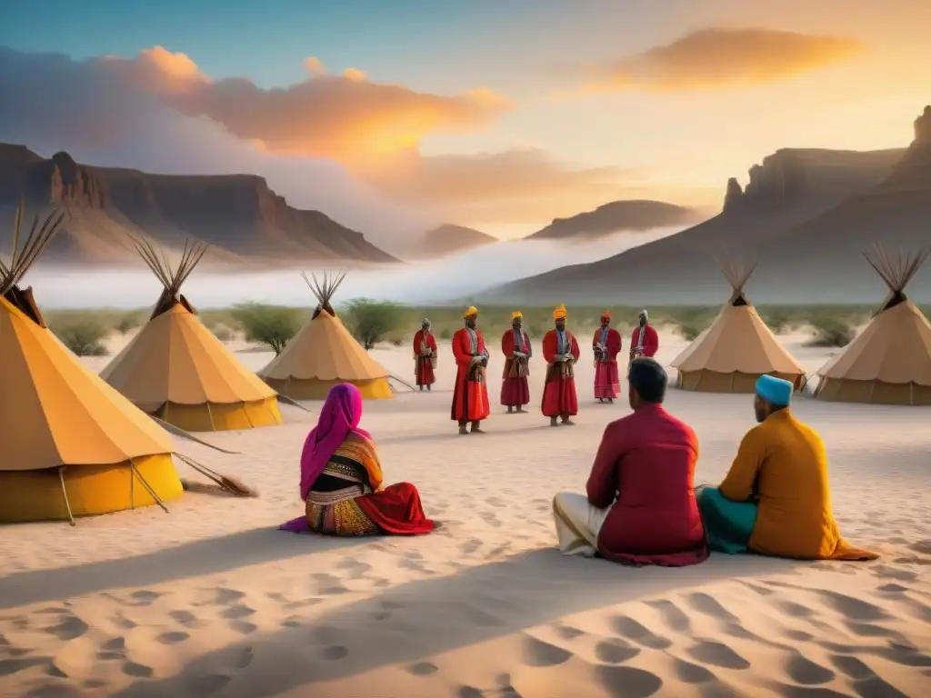 Ceremonia de paso nómada: niños en ritual con ancianos bajo un cálido atardecer