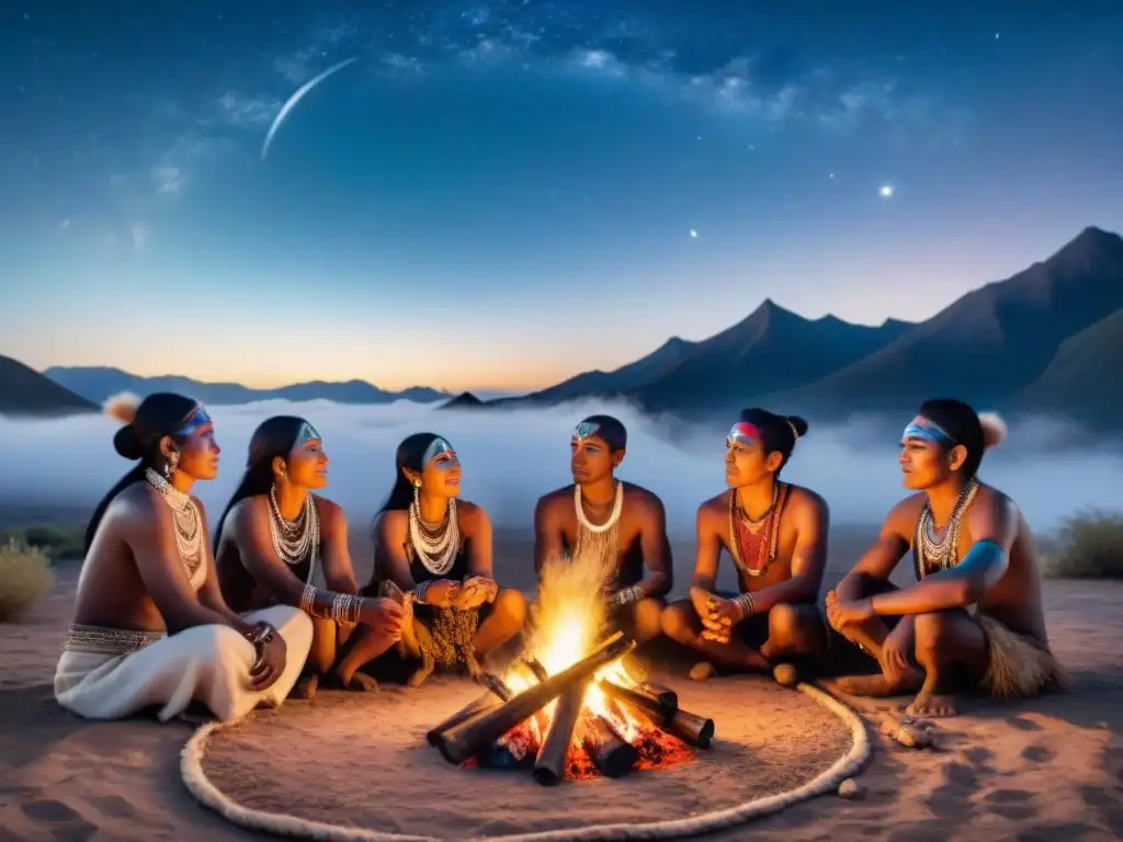 Ceremonia de paso en tribus nómadas: Ancianos realizan ritual alrededor del fuego, jóvenes observan bajo cielo estrellado