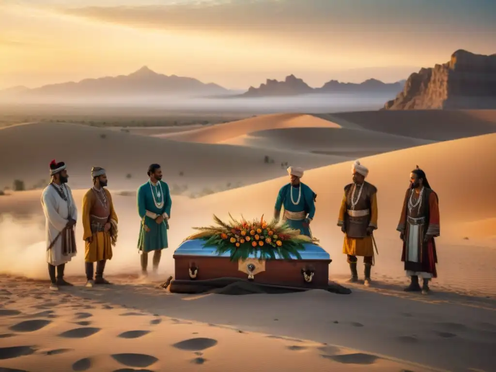 Una ceremonia de ritos funerarios tribus nómadas en el desierto al atardecer