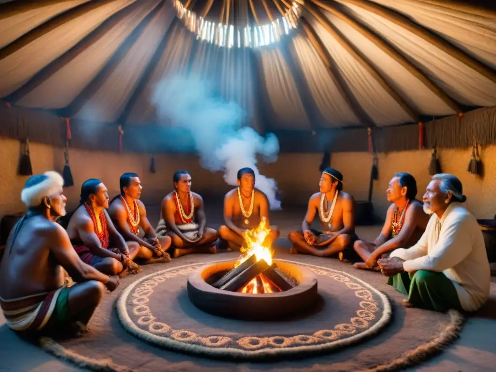 Ceremonia tribal en cabaña iluminada por fuego, ancianos con atuendos tradicionales