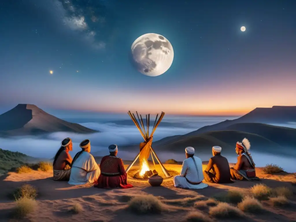 Ceremonias astronómicas tribus estepas: Ancianos tribales bajo la luna llena en la estepa, con fuego y estrellas