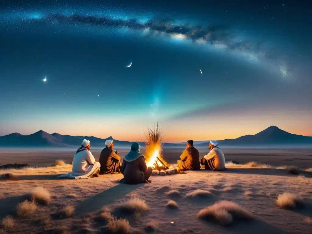 Ceremonias astronómicas tribus estepas: Ancianos tribales reunidos alrededor de fogata bajo cielo estrellado en estepa