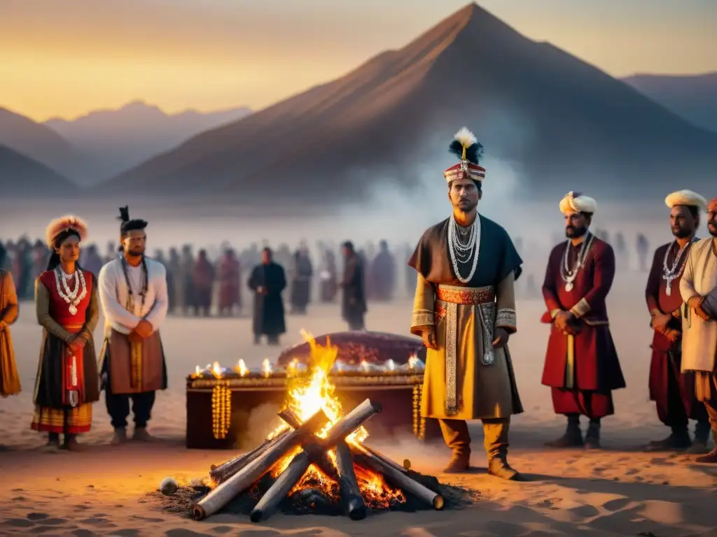 Ceremonias tradicionales tribus nómadas honrando a sus seres queridos en un desierto dorado al atardecer