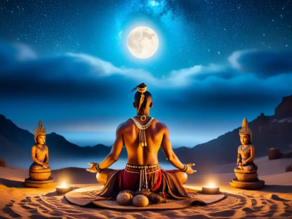 Chamán nómada en ritual místico bajo un cielo estrellado Un chamán nómada realiza un ritual bajo un cielo estrellado, rodeado de totems y símbolos místicos