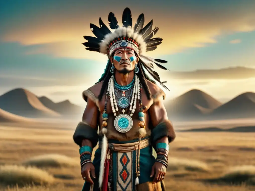 Chamán de la estepa: danza ancestral bajo el cielo estrellado Un chamán de una tribu nómada en la estepa invoca poderes antiguos bajo el cielo estrellado