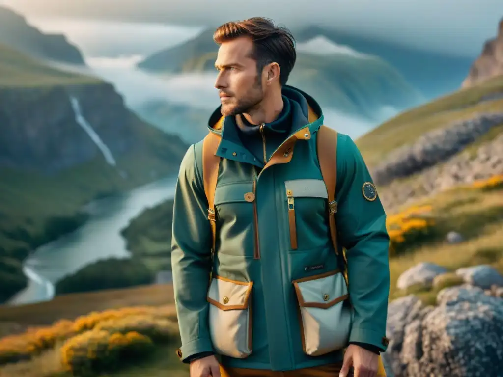 Chaqueta de explorador vintage con materiales innovadores en paisaje montañoso