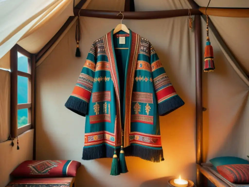 Una chaqueta tribal nómada bordada en colores vibrantes y patrones tradicionales, con tela de seda y lana, detalles de cuentas y borlas