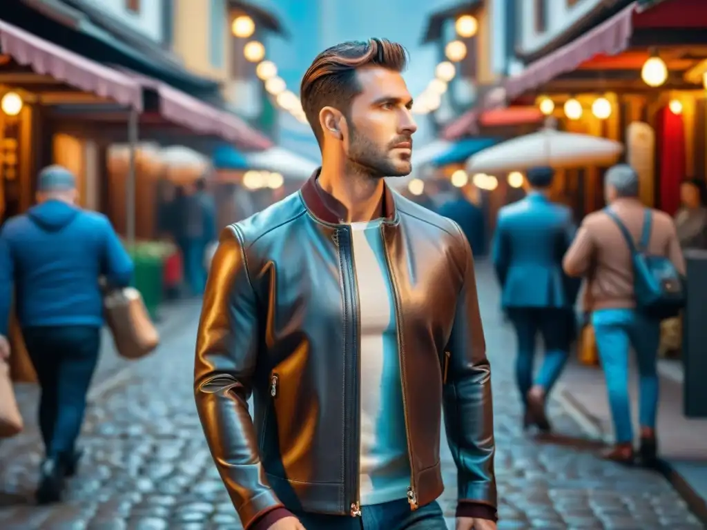 Chaqueta vintage con tecnología wearable para nómadas, calidez solar y bolsillos ocultos, en una ciudad vibrante