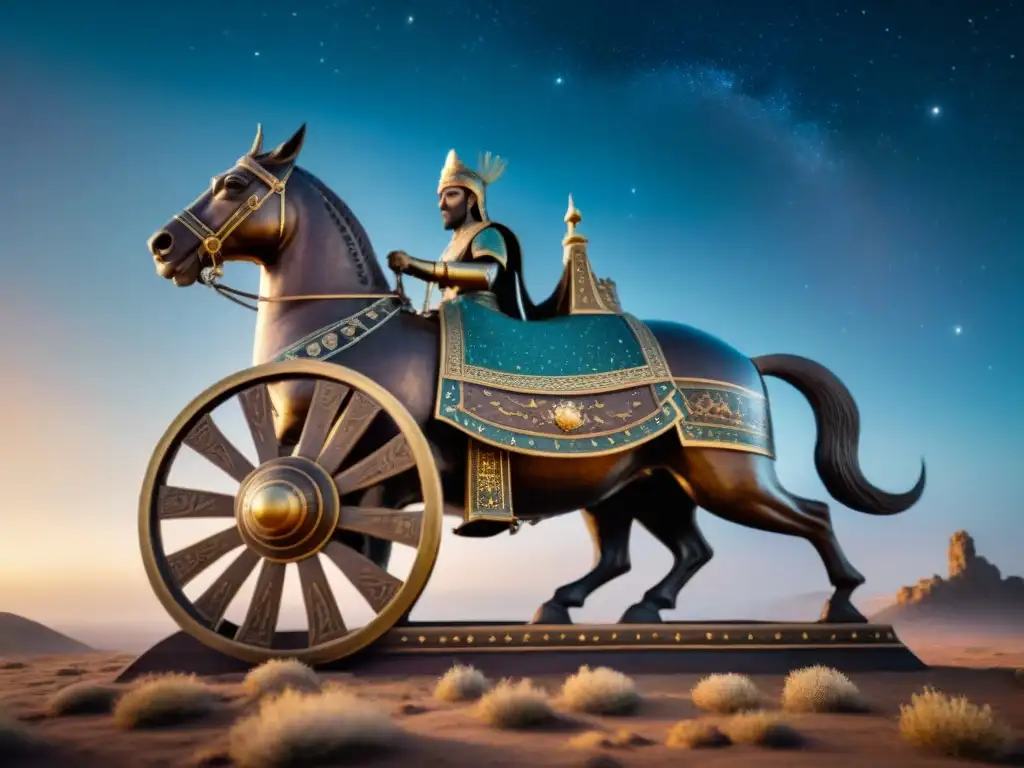 Chariot Scythian de bronce con motivos celestiales y ruedas astronómicas en llanura estrellada