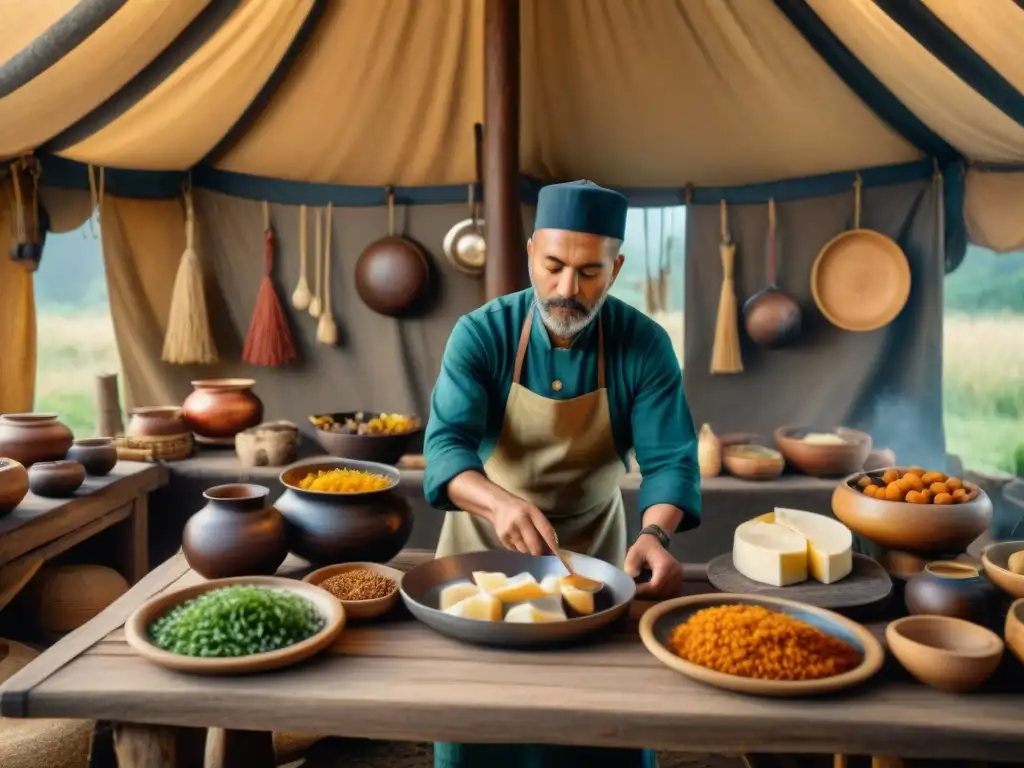Chef nómada preparando alimentos tradicionales en cocina vintage Un chef nómada prepara alimentos con técnicas culinarias tradicionales en una cocina vintage