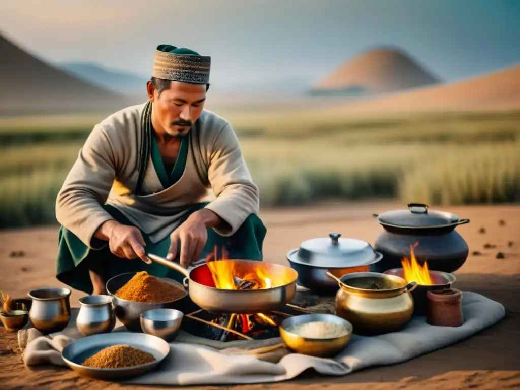 Chef nómada: tradición culinaria en la estepa Chef nómada prepara alimentos en la estepa con técnicas culinarias tradicionales